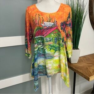 Leoma Lovegrove Colorful Tunic Top 3/4 SLV Asymmetrical Hem Large Maximalist EUC